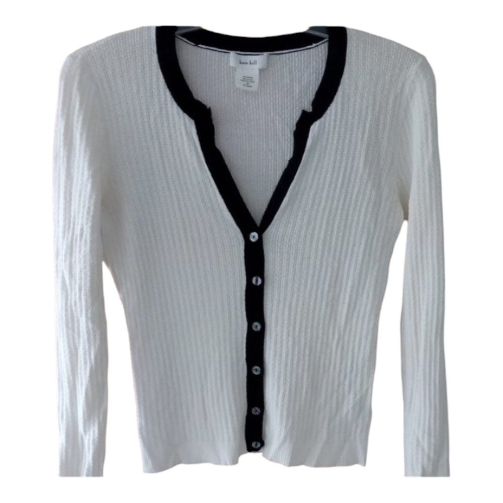 Kate Hill White with Black Trim Button Light Sweater Size Medium